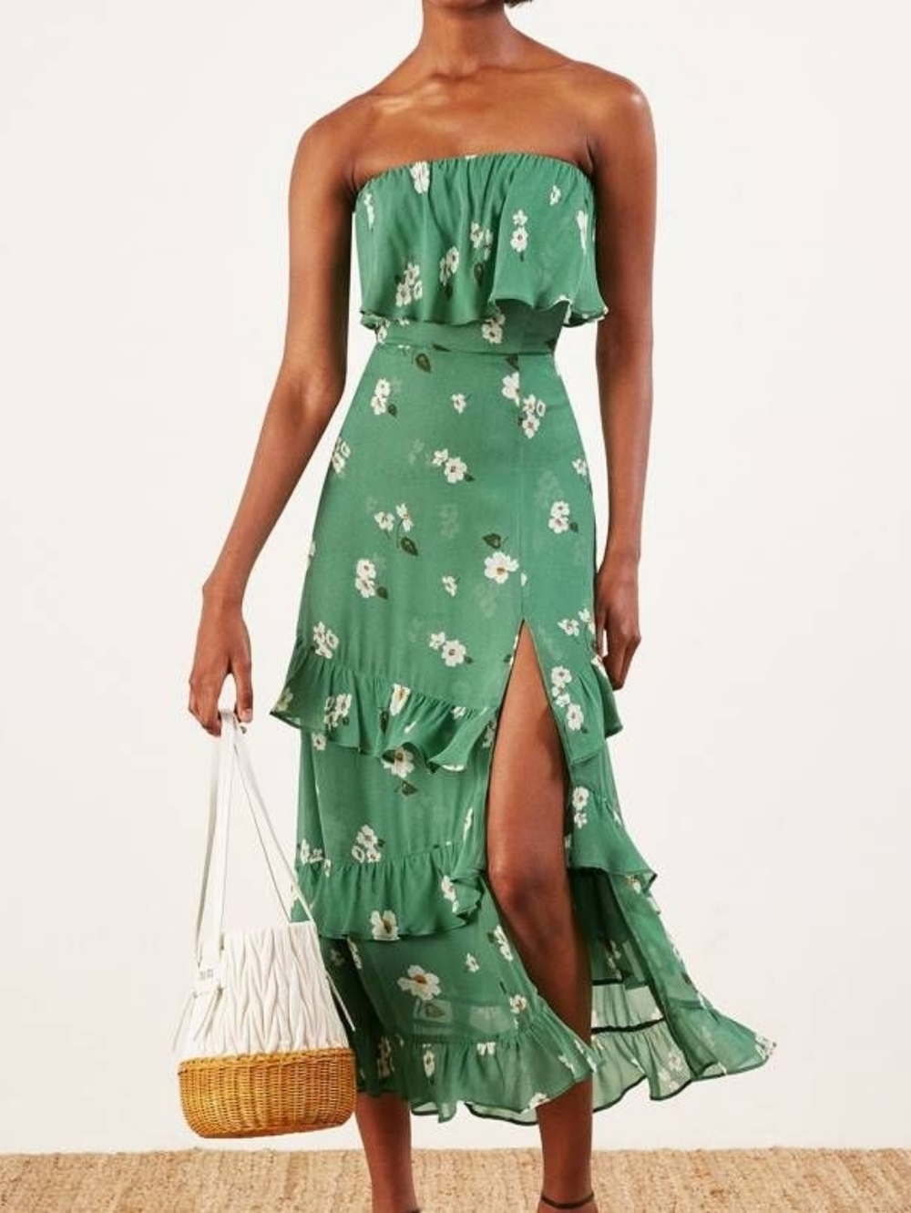Reformation Indy Green Floral Strapless Ruffle Maxi Dress